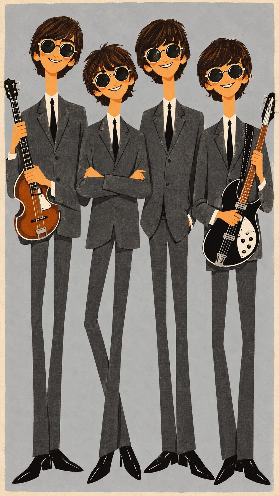Sixties rock band in matching gray suits group portrait