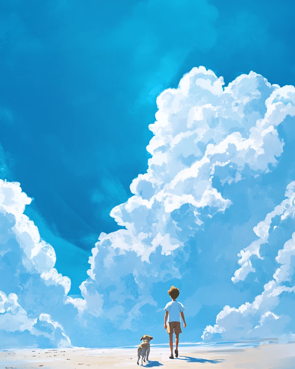 Anime boy walking by the sea under a blue summer sky