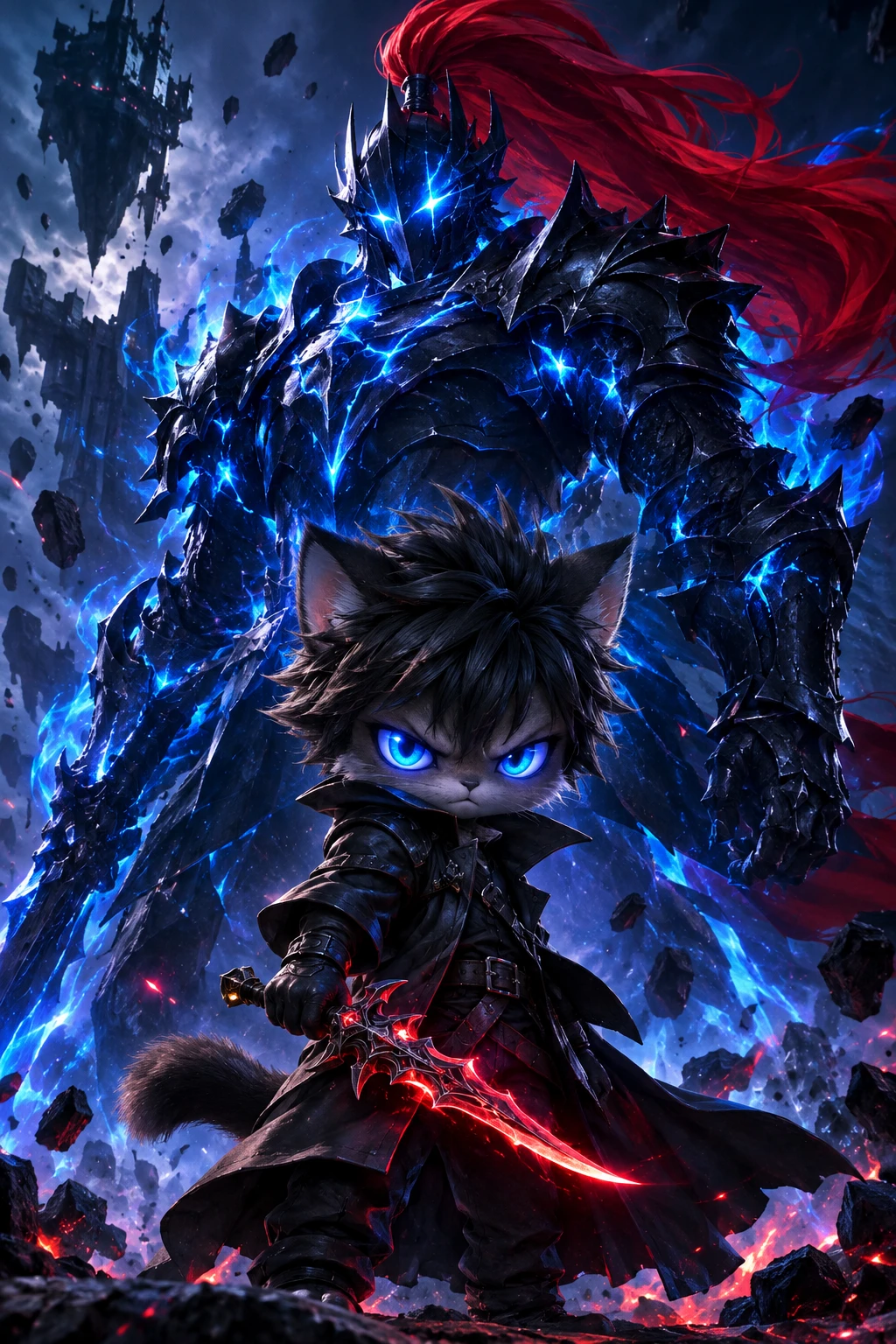 Guerriero felino chibi con cavaliere spettrale gigantesco