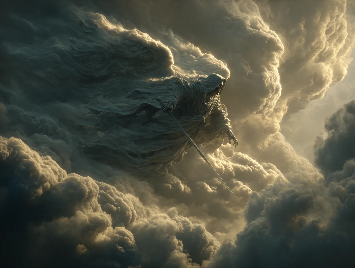 Angelic figure of death shaped from storm clouds and light