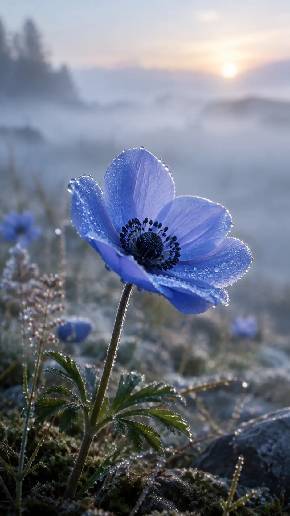Delicate Blue Anemone With Dew At Quiet Dawn