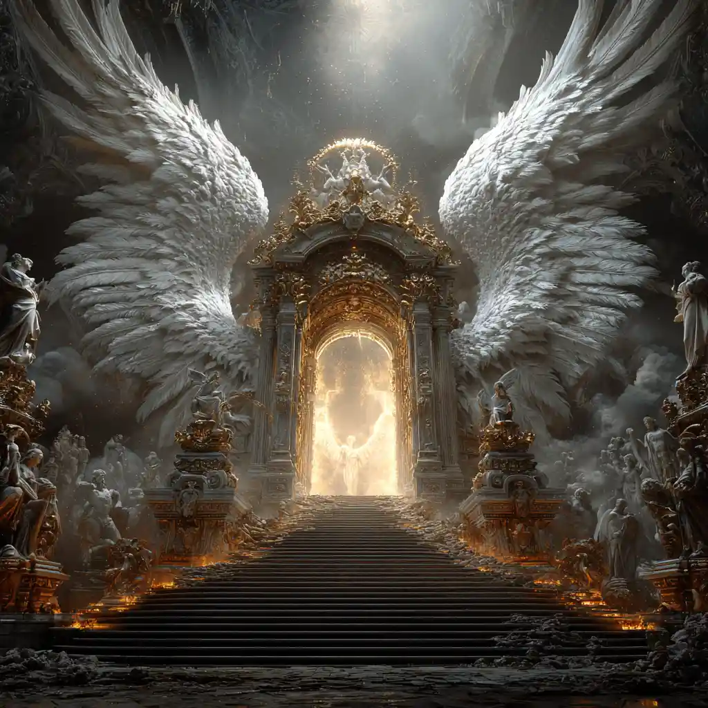 Radiant Angel Beyond A Golden Cathedral Gateway