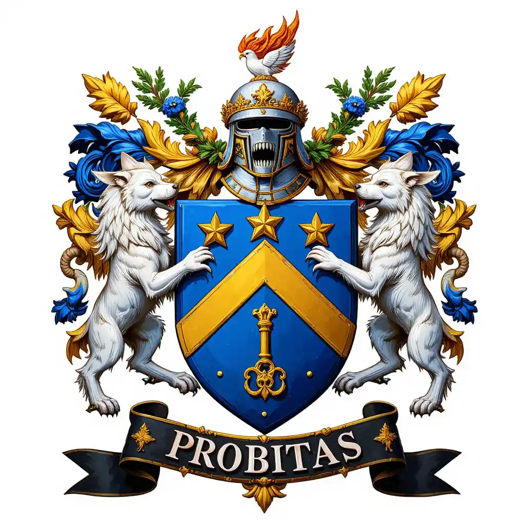 Heraldic blue shield crest with wolves star and key