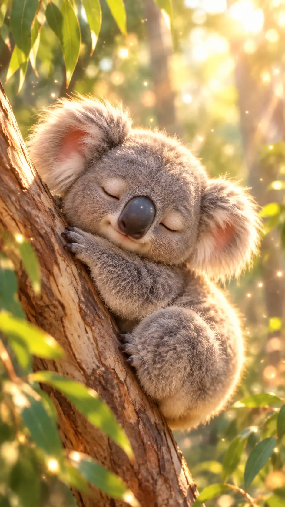 Adorable bébé koala dormant sur une branche dans une douce lumière de forêt
