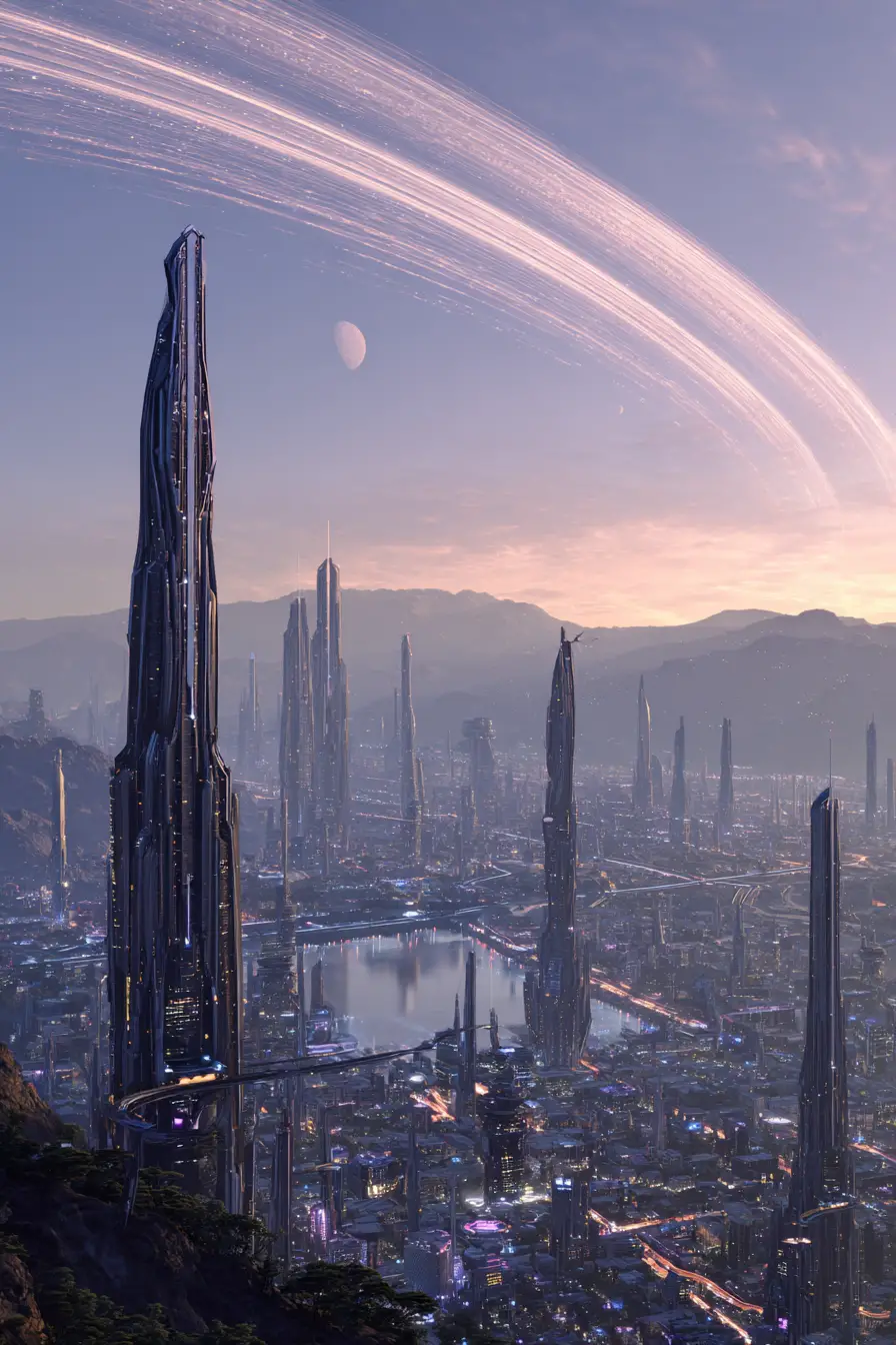 Futuristische Alien-Stadt mit riesigen Türmen in der Dämmerung