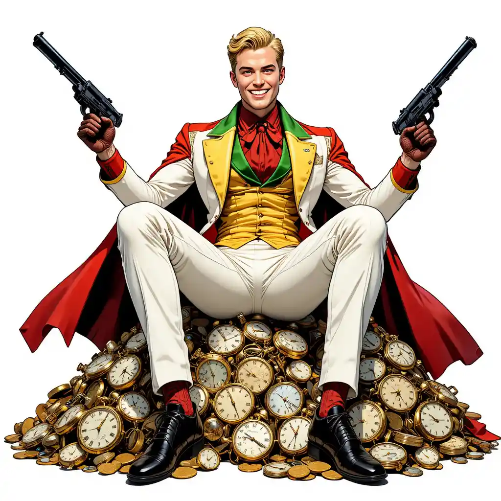 Hombre caricaturesco juguetón con traje blanco sobre relojes y monedas