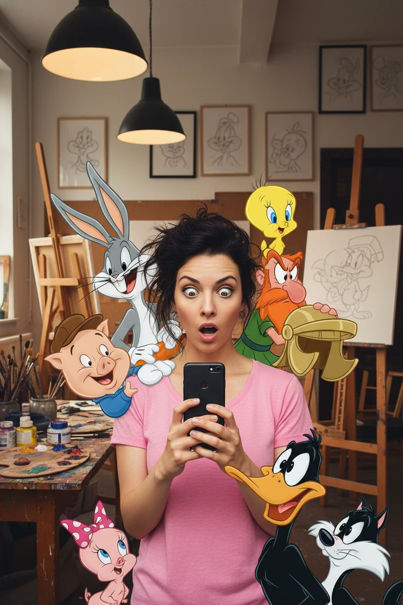 Donna che si scatta un selfie in un vivace studio di arte cartoon