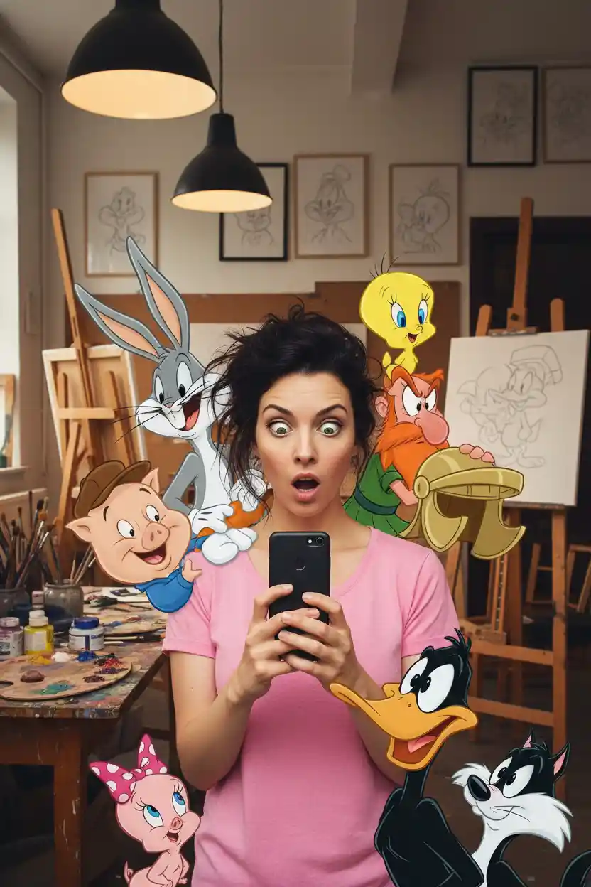 Donna che si scatta un selfie in un vivace studio di arte cartoon