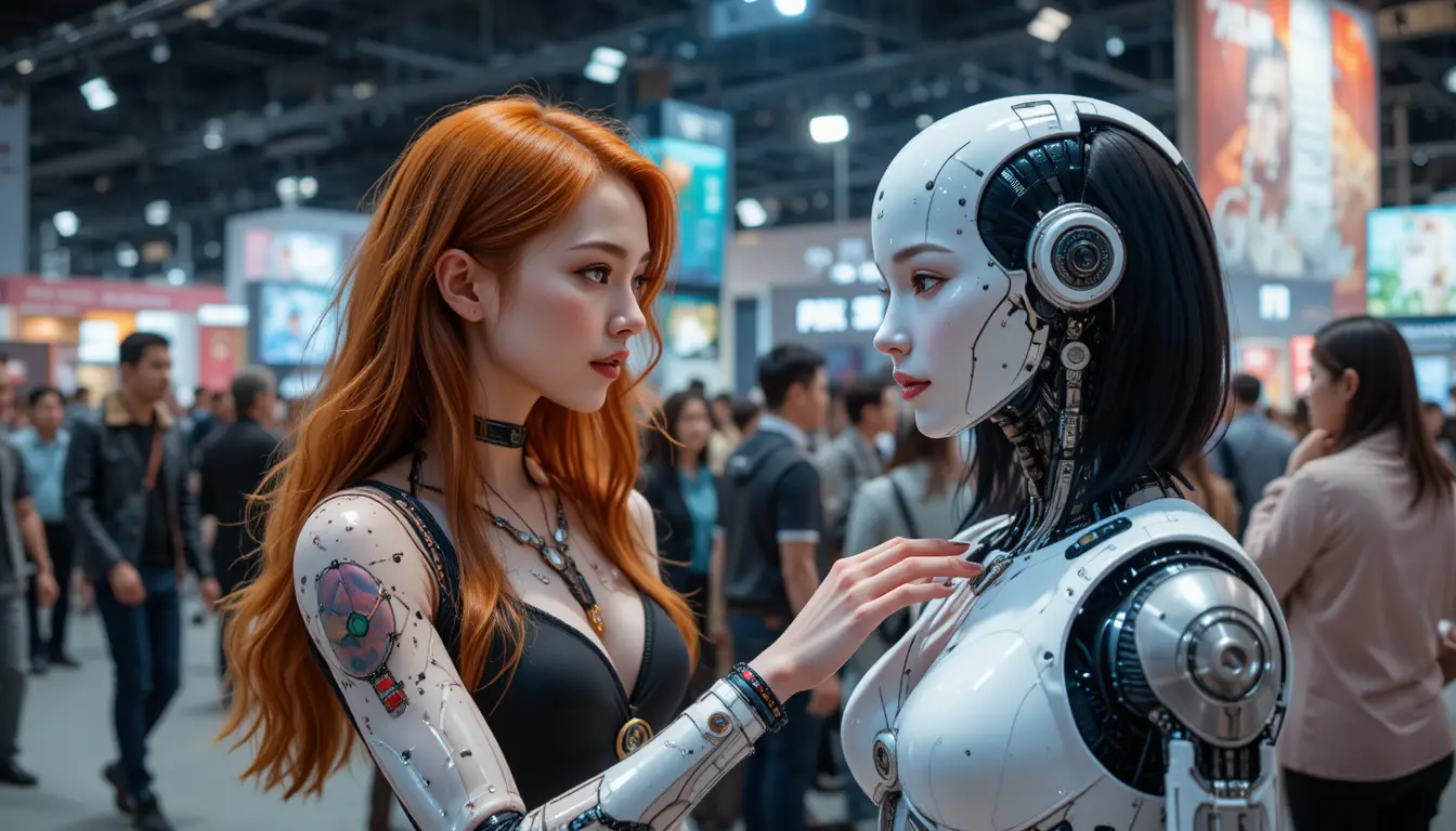 Coppia lesbica incontra un robot cyberpunk realistico a una expo