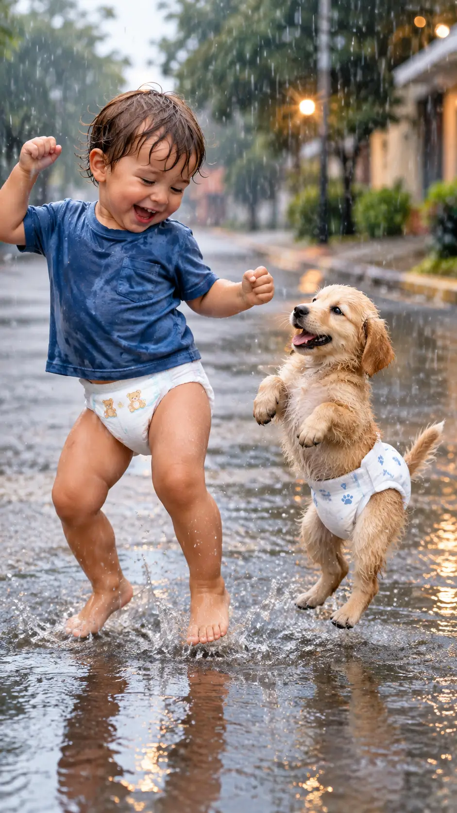 Bambino piccolo e cucciolo che danzano felici nella strada piovosa