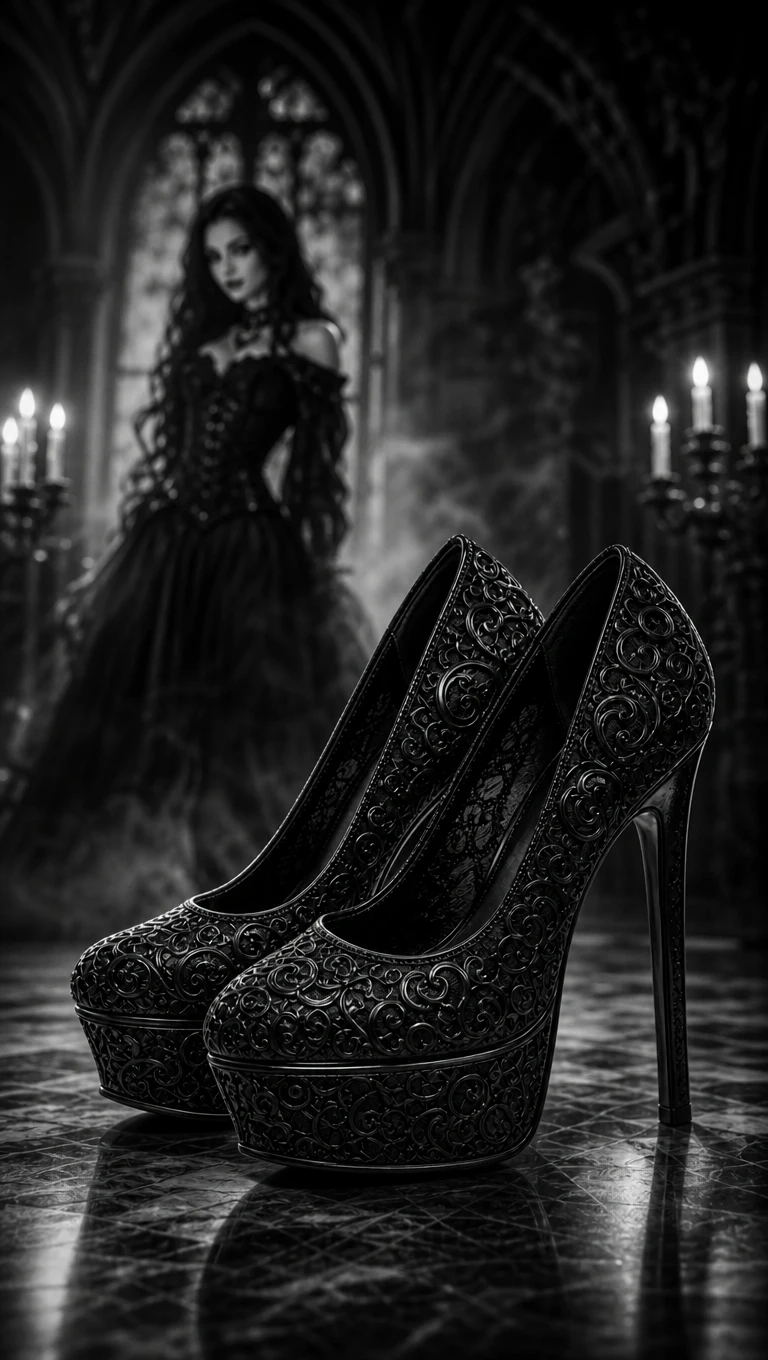 Black gothic high heels with hazy mysterious background figure