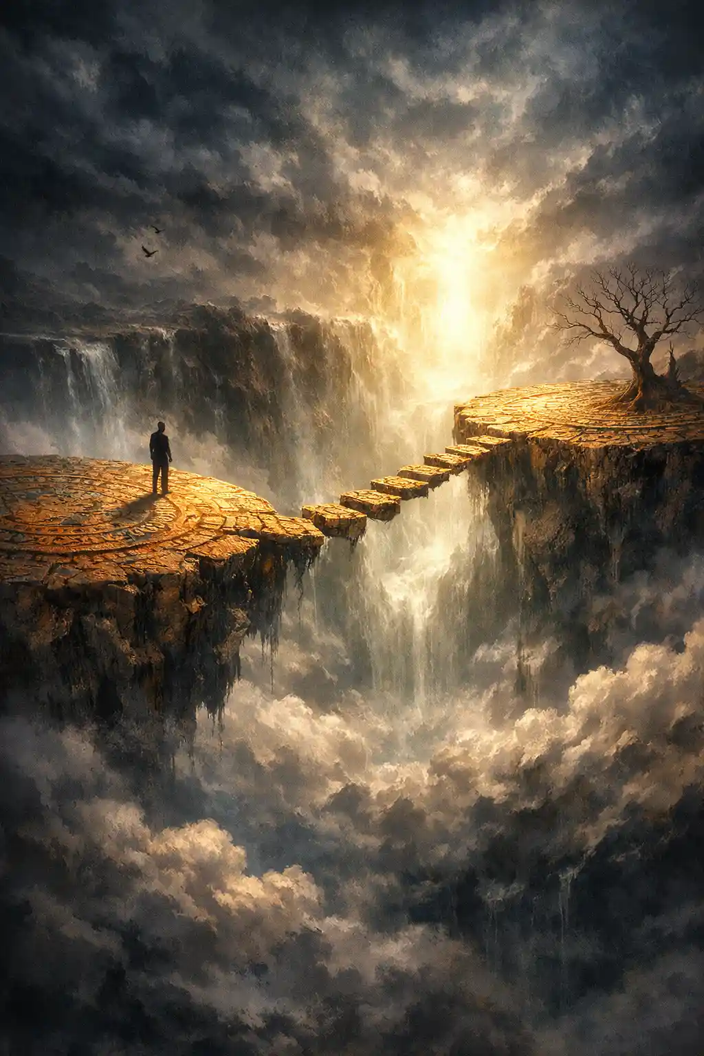Lone figure crossing floating stones above a misty chasm