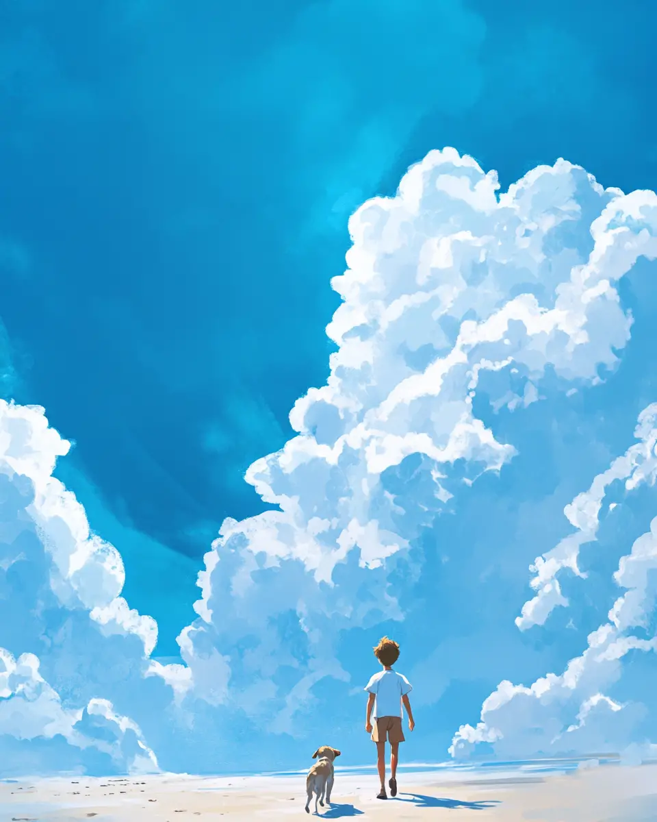 Anime-Junge, der am Meer unter blauem Sommerhimmel spaziert