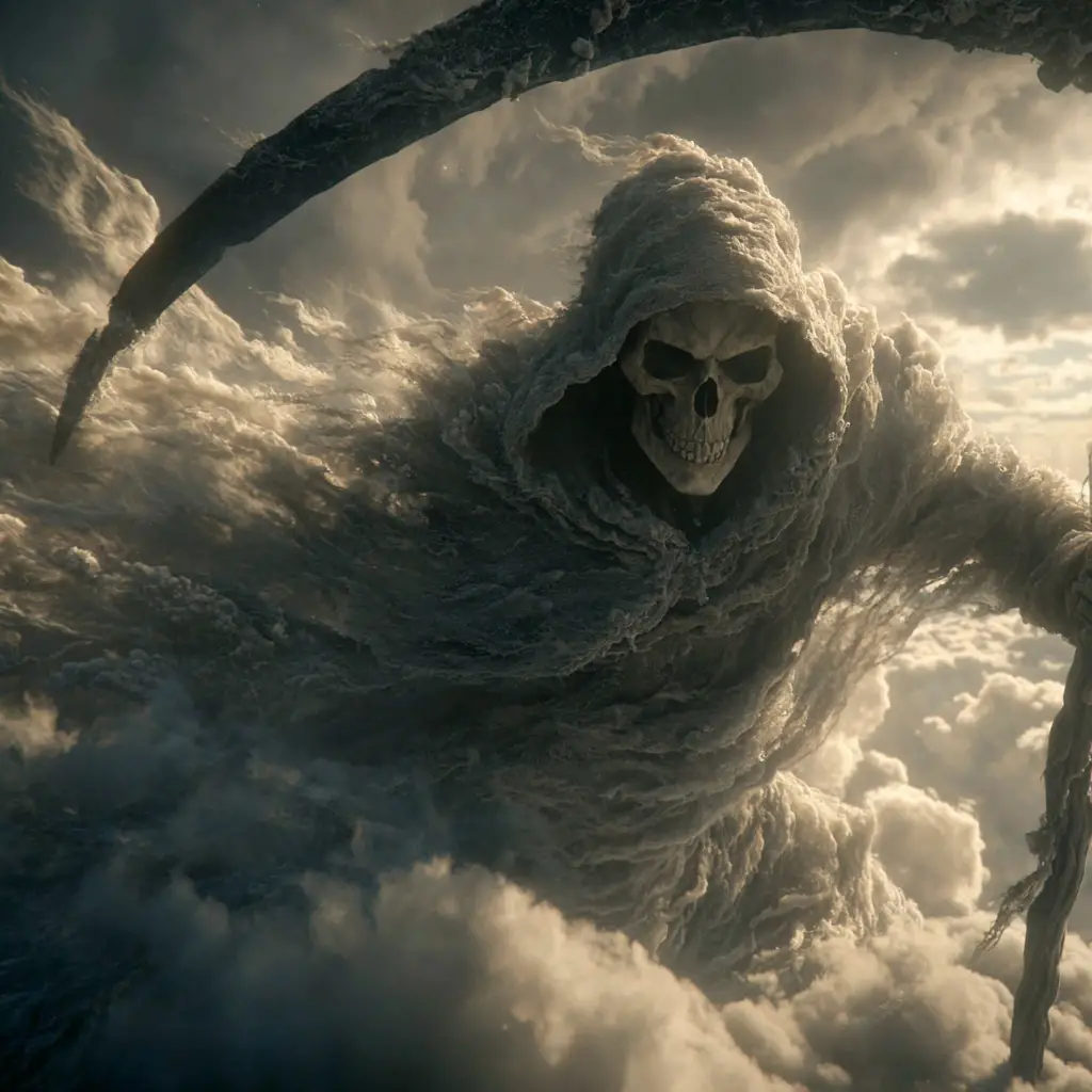 Colossal grim reaper of storm clouds above a dark sky