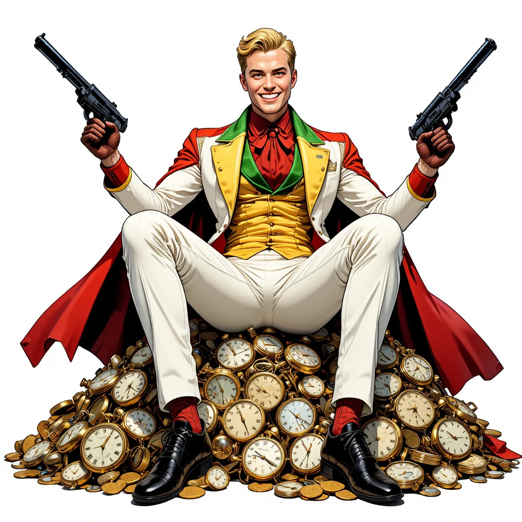 Playful cartoon man in white suit on clocks and coins