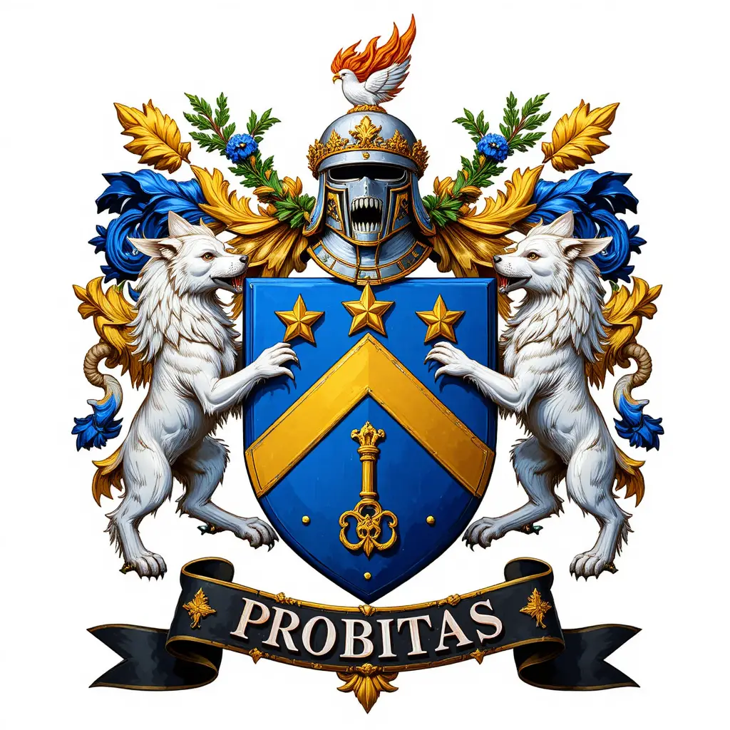 Heraldic blue shield crest with wolves star and key