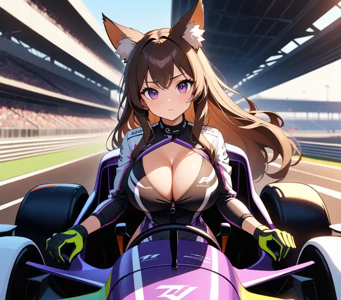 Anime-F1-Fahrerin mit Fuchsohren im Cockpit vor dem Rennen