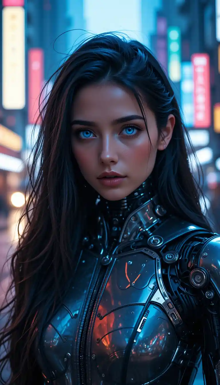 Mulher ciborgue em uma cidade futurista ao lado de um DeLorean