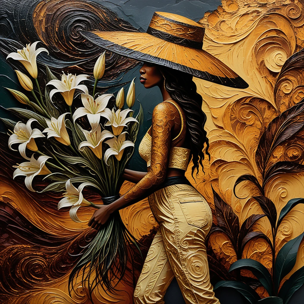 Mujer negra con sombrero color crema y lirios frente a pared verde