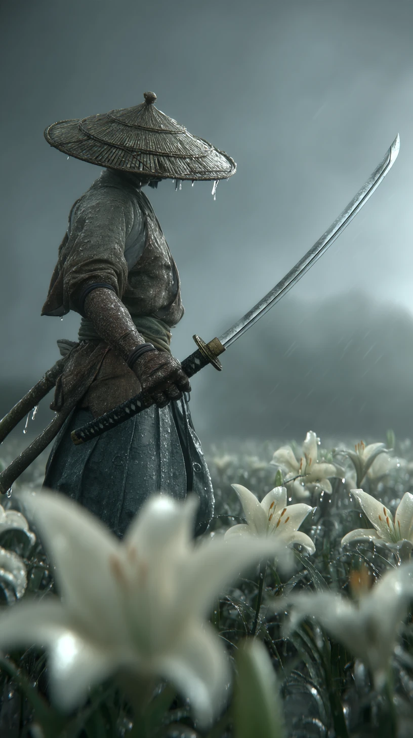 Guerrier rōnin avec odachi dans un champ de lys sous la pluie