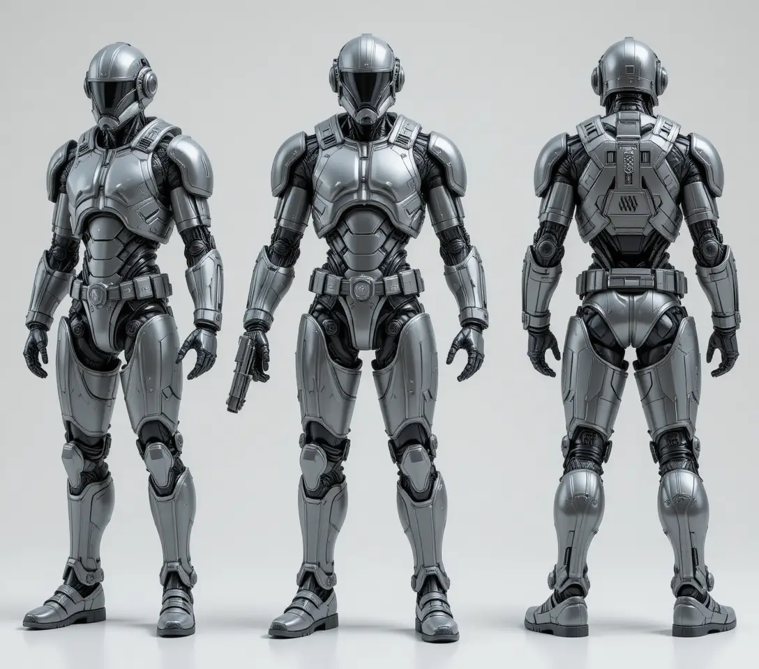 Gepanzerter Sci‑Fi‑Männerroboter mit schwerem Blaster, Ganzkörper