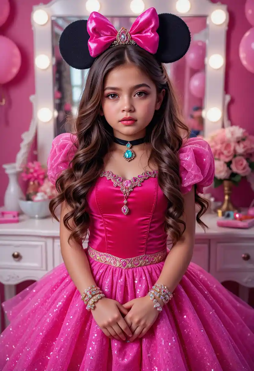 Niño preadolescente con traje de Princesa Minnie en tocador rosa