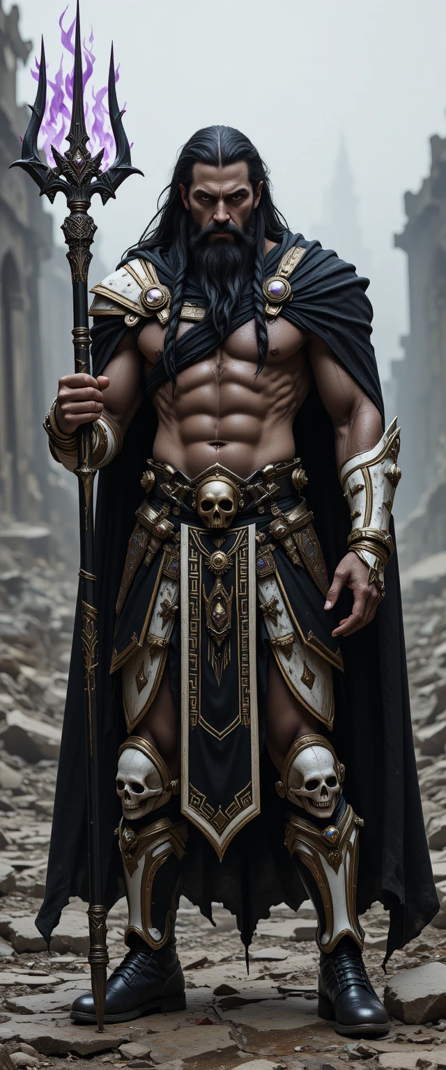 Dark armored god with fiery trident in ruined land
