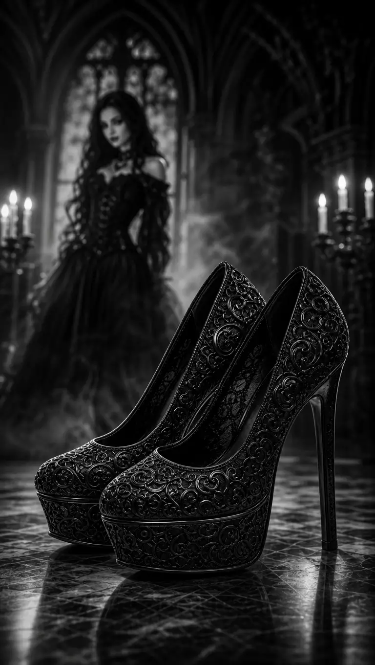 Black gothic high heels with hazy mysterious background figure