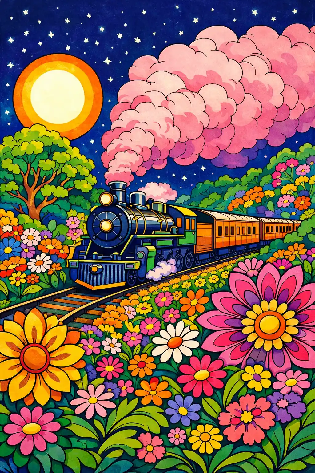 Psychedelic steam train crossing a colorful flower landscape