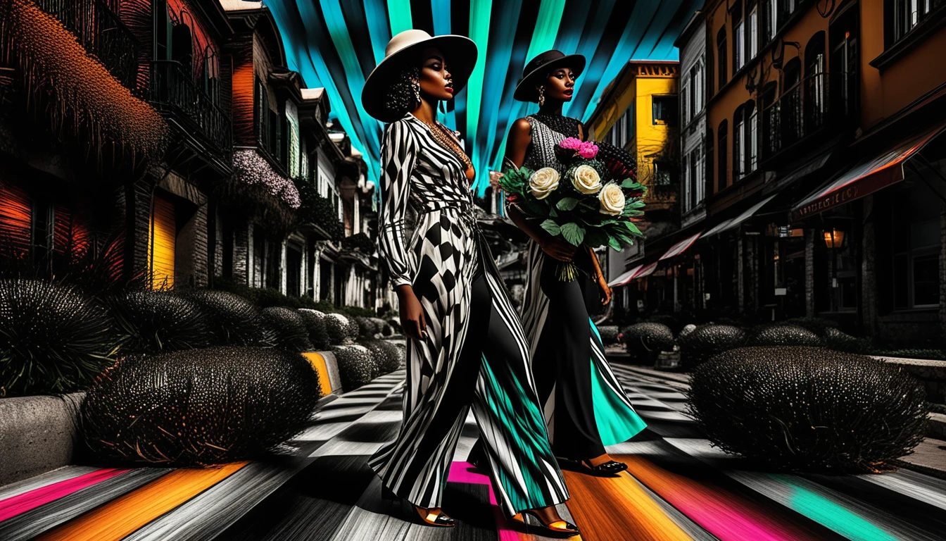 Femme noire avec large chapeau crème et bouquet de roses blanches