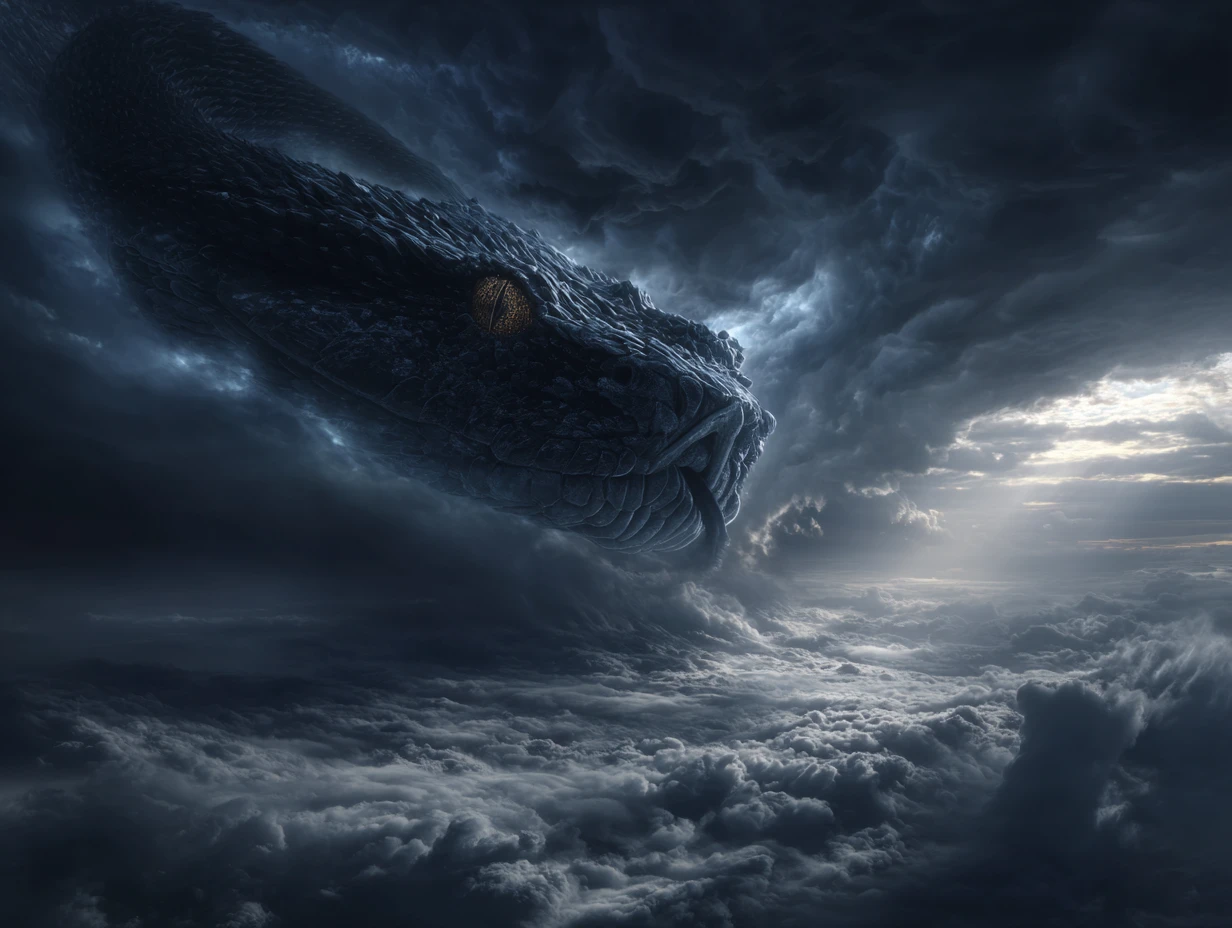 Serpent de Tempête Colossal S’élevant au-dessus d’un Océan de Nuages Sombres