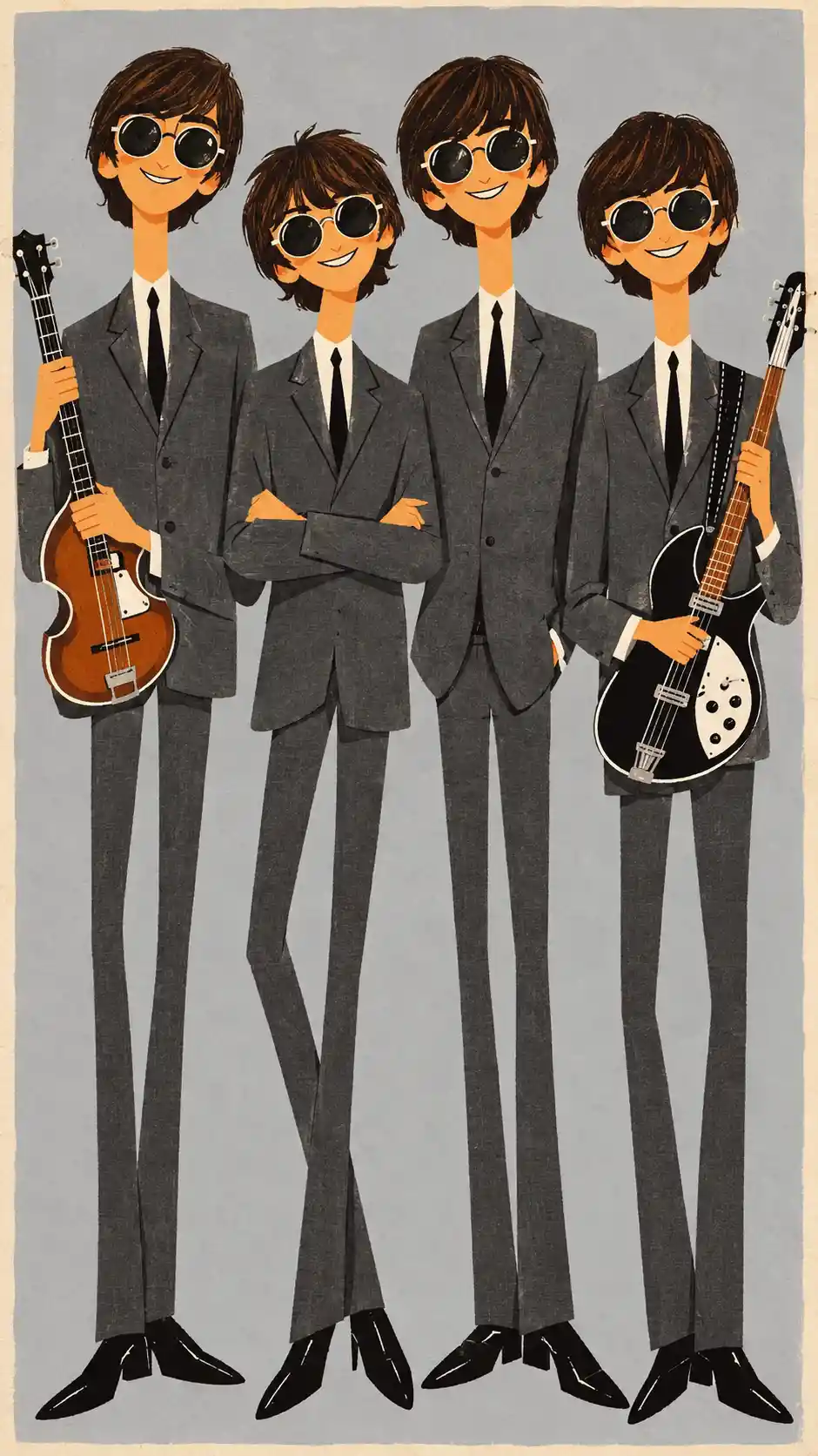 Sixties rock band in matching gray suits group portrait