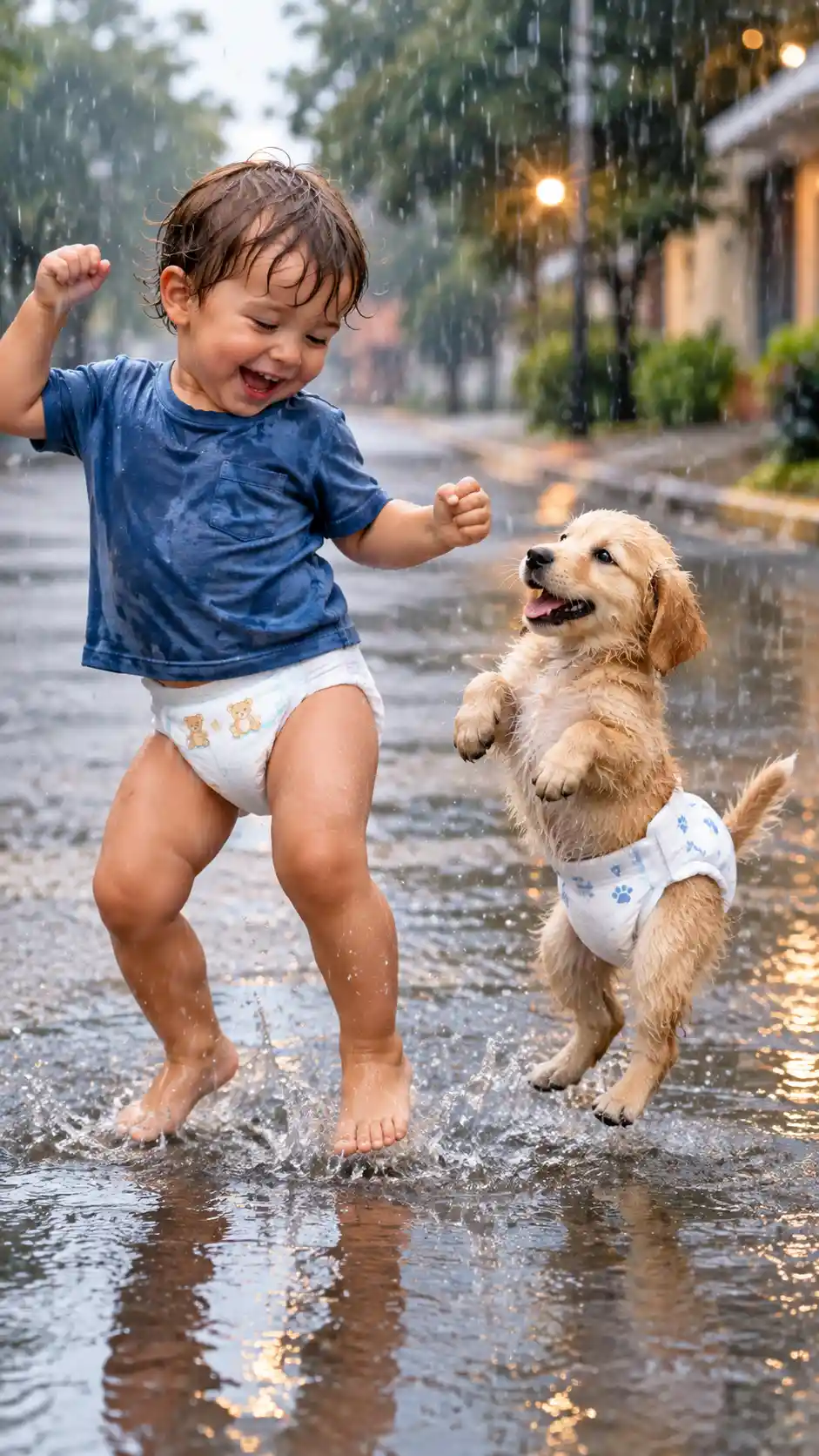 Little boy and puppy dancing happily in the rainy street