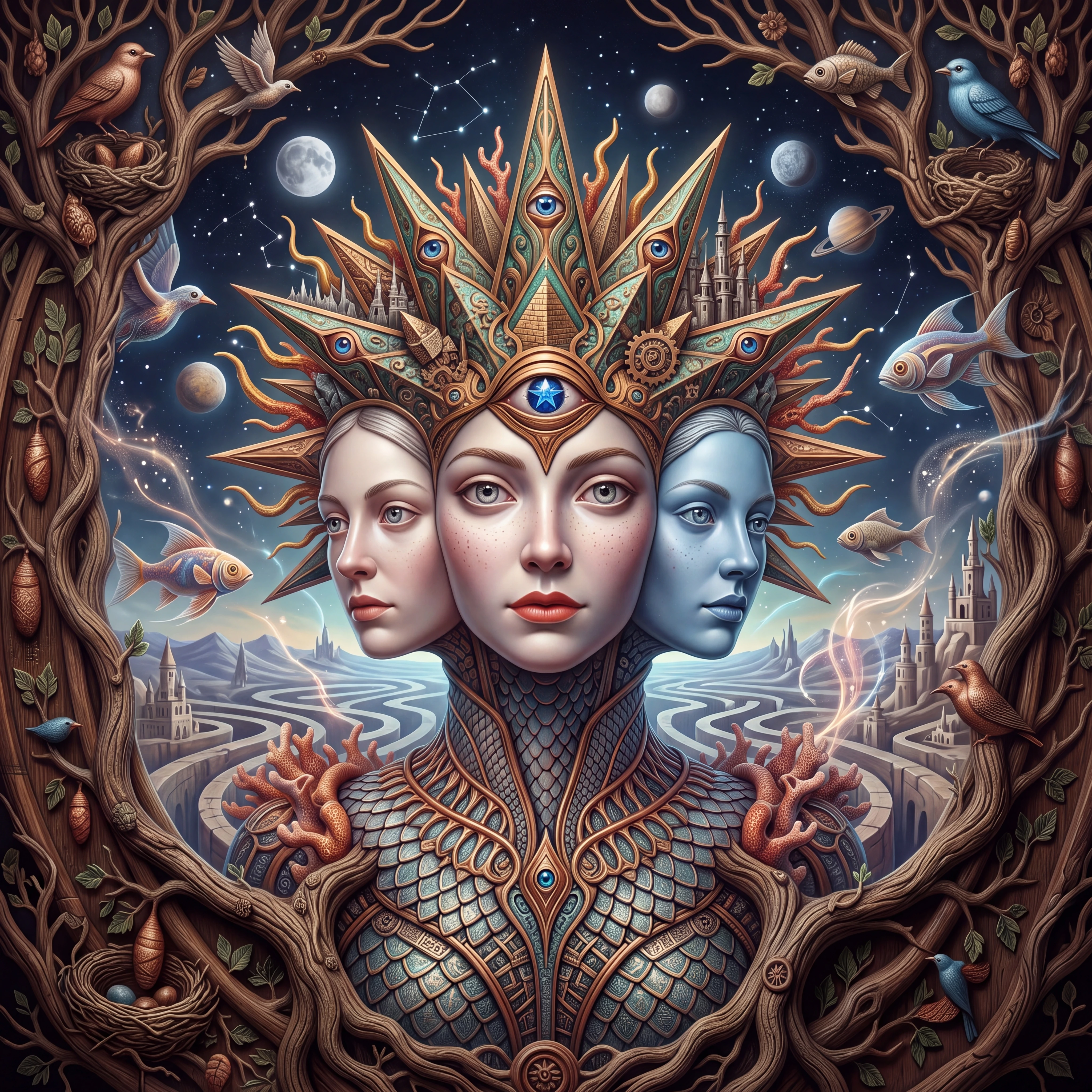 Surreal 3D portrait with dreamlike hallucinatory atmosphere