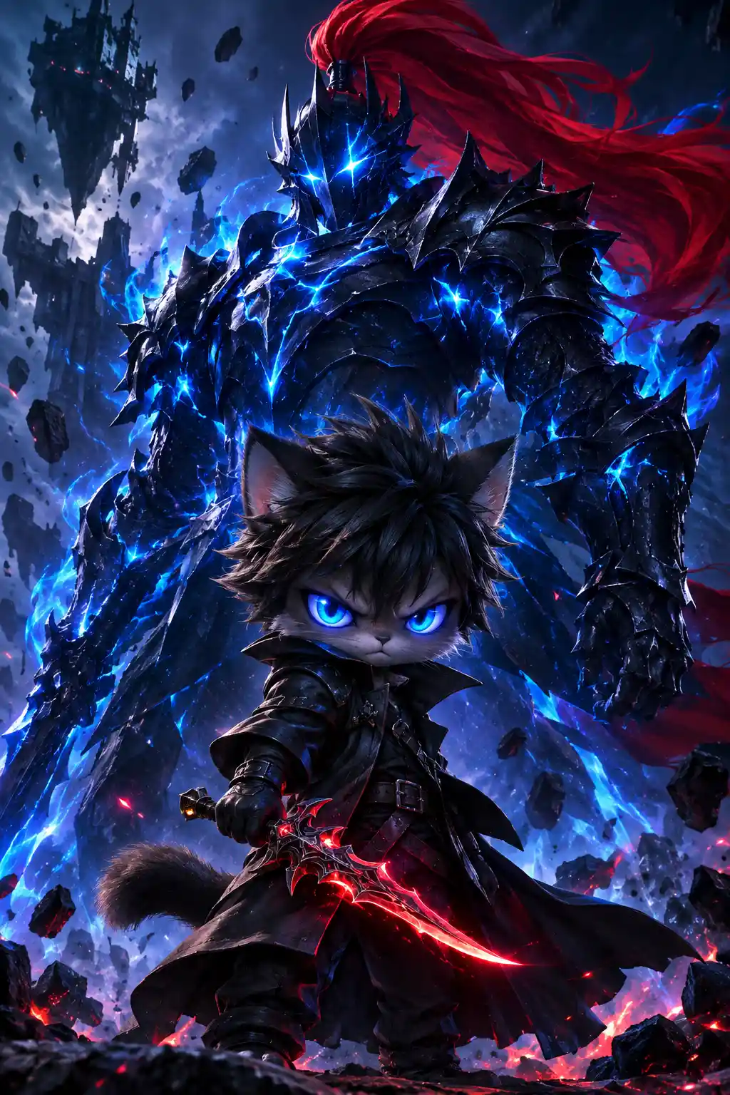Guerriero felino chibi con cavaliere spettrale gigantesco