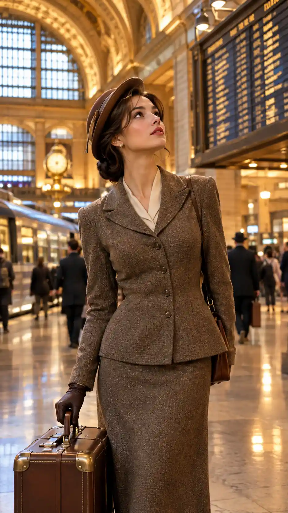 Elegant woman in vintage suit at busy train station