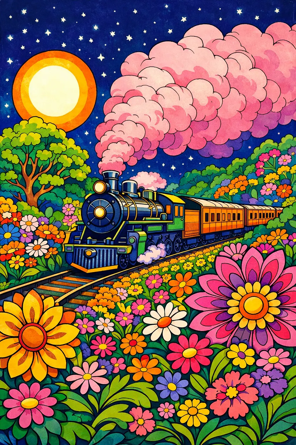 Psychedelic steam train crossing a colorful flower landscape