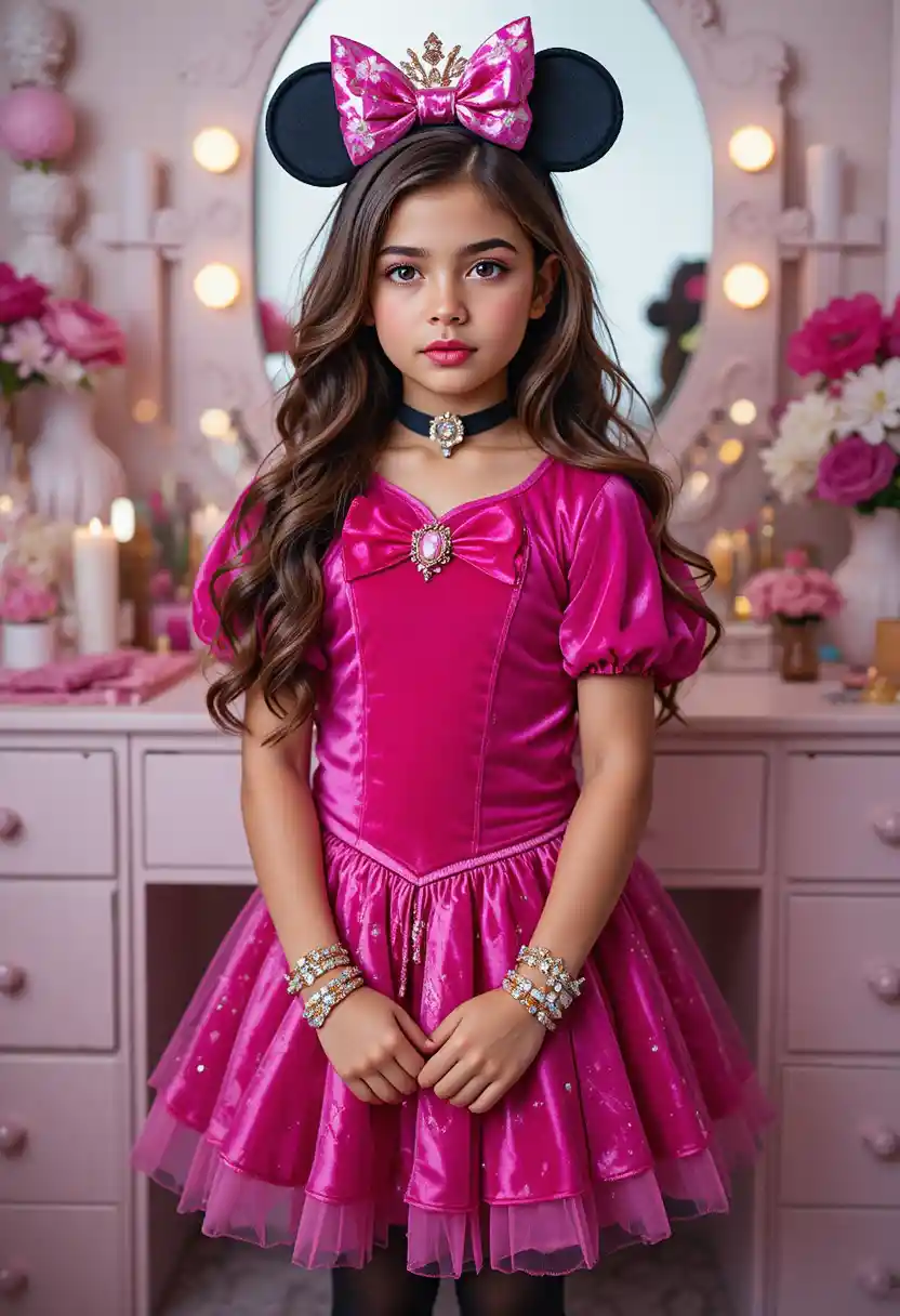 Tween boy in princess costume posing by a vanity