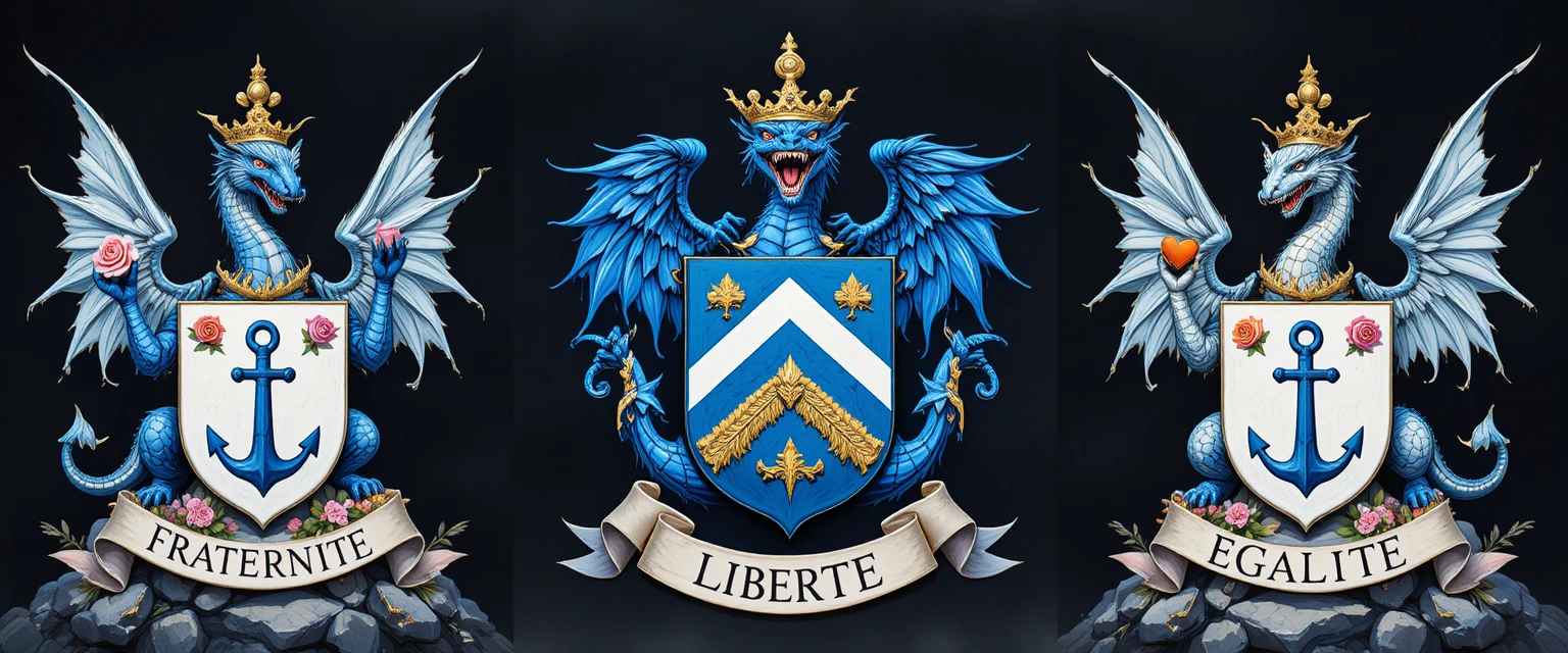 Heraldic coats of arms with crowned blue dragons and banners
