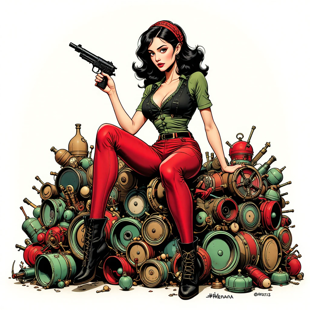 Confident woman with vintage pistol on circular object throne