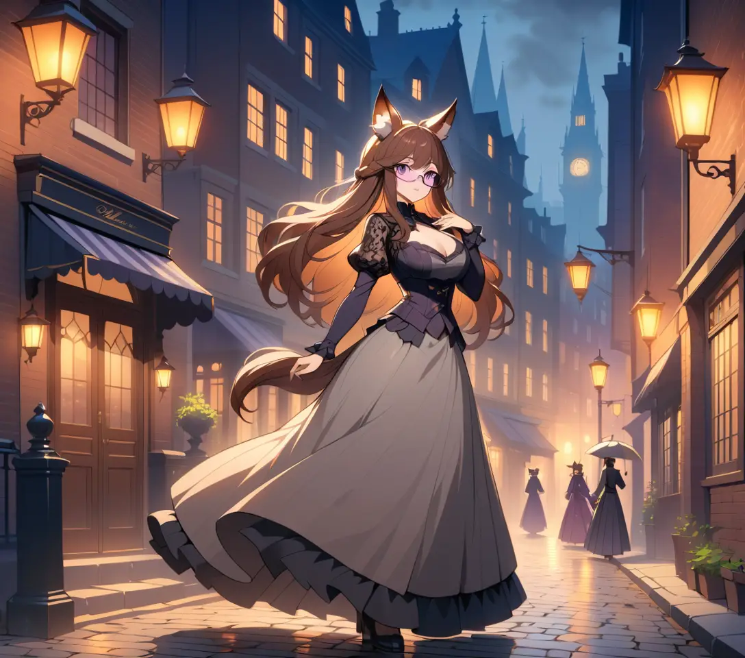 Donna anime con orecchie da volpe in una strada della Londra vittoriana