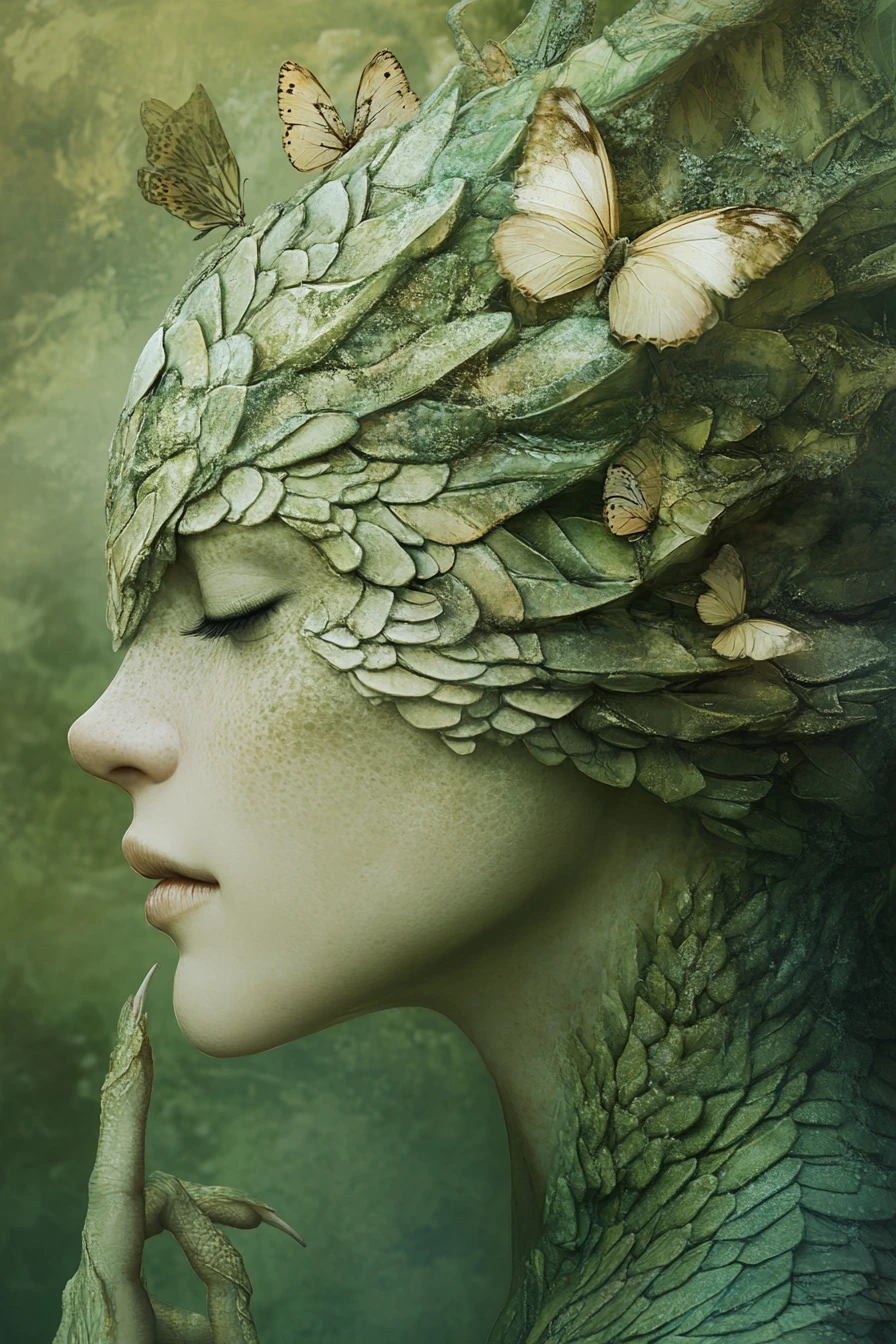 Serene reptilian woman with butterflies and serpentine headdress