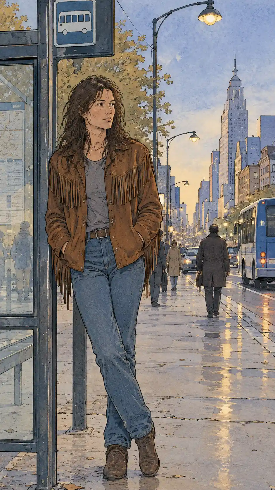 Watercolor city scene of a rugged woman at bus stop