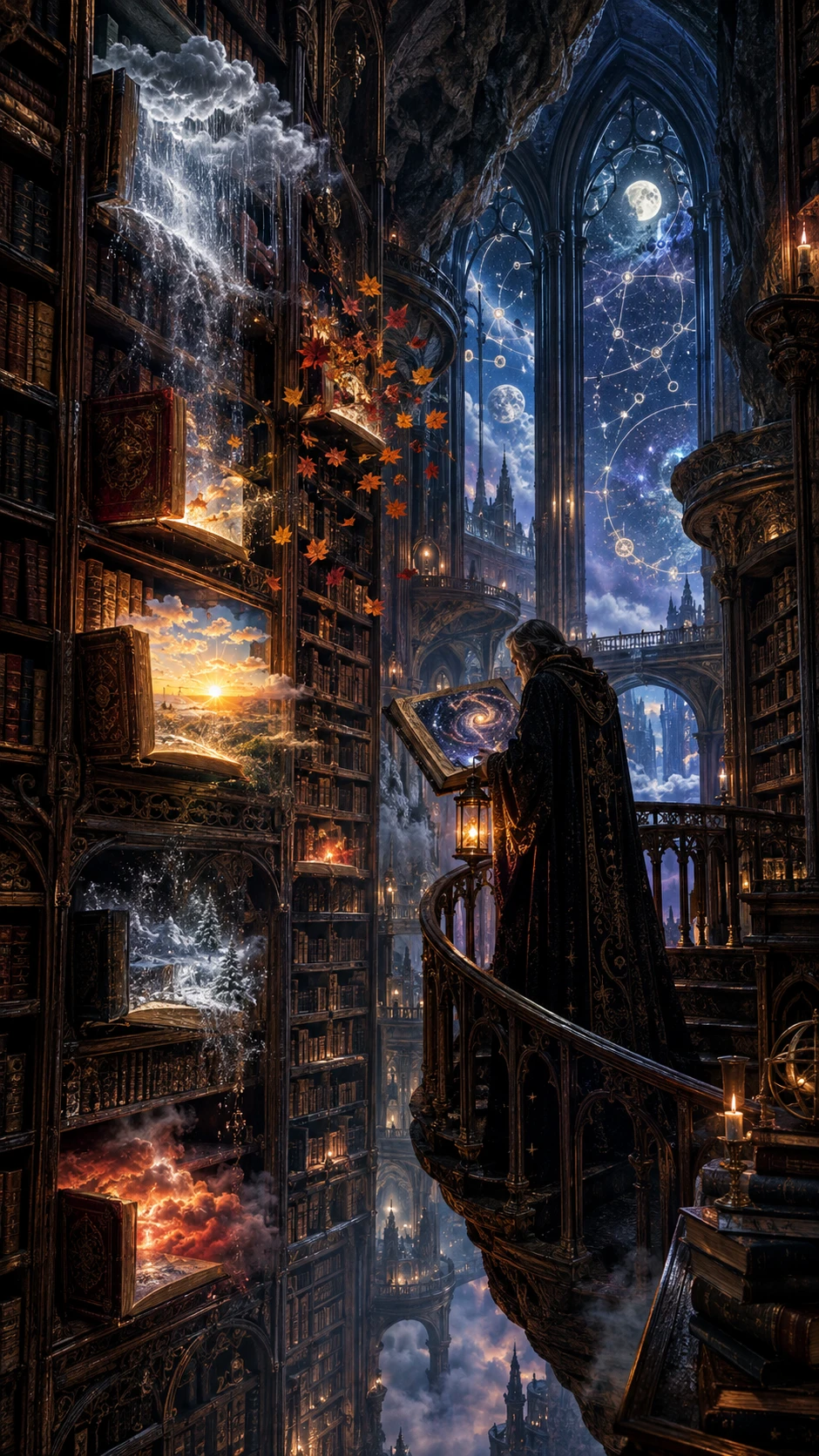 Gothic mountain library with lone robed librarian
