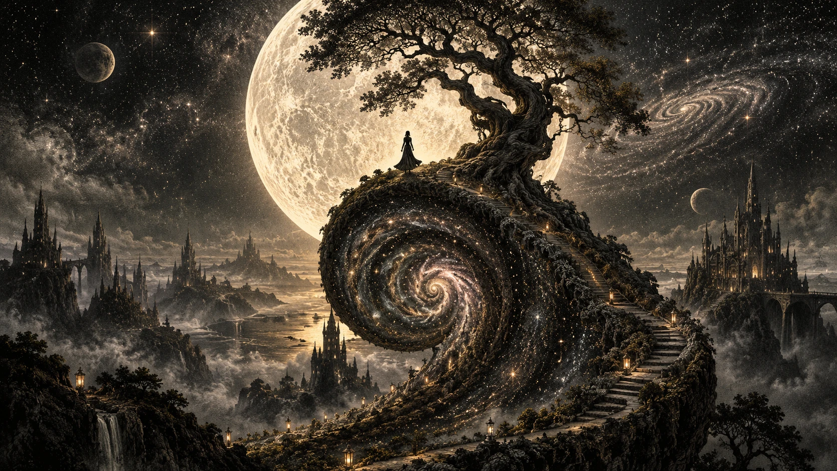 Frau auf spiralförmigem Gipfel unter einem leuchtenden Vollmond