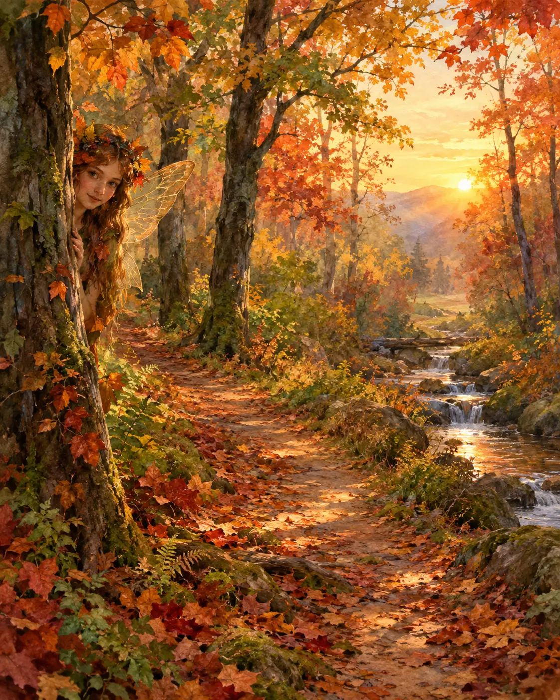 Sentier de forêt à l’aquarelle baigné de la chaude lumière d’automne