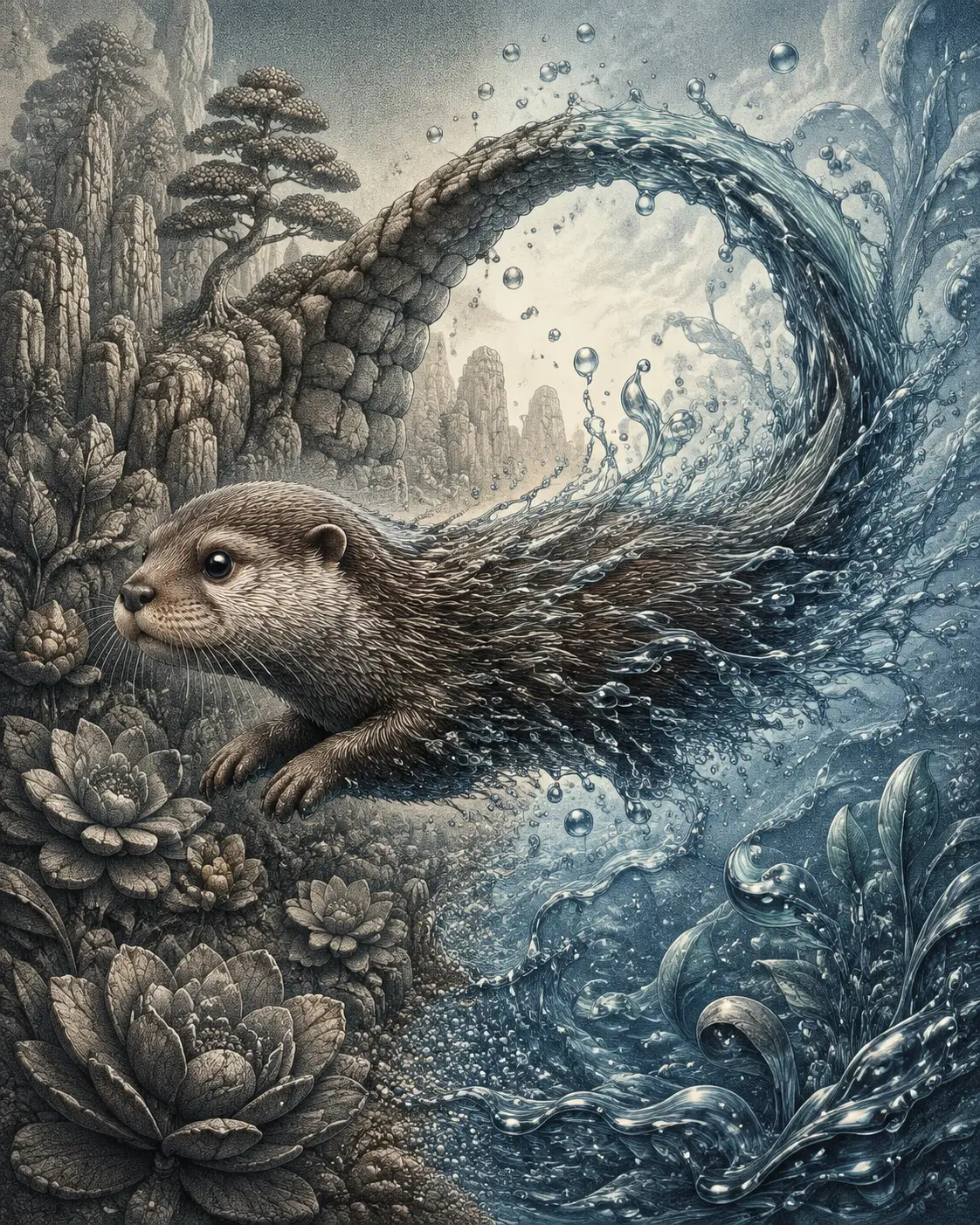 Bébé loutre passant de la pierre à l’eau dans une scène surréaliste