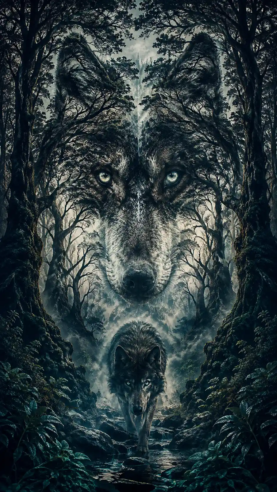 Forêt ancienne formant le subtil visage d’un loup
