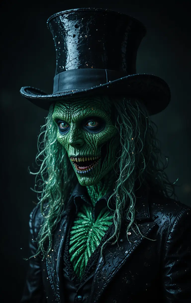 Creepy rococo monster in a black top hat