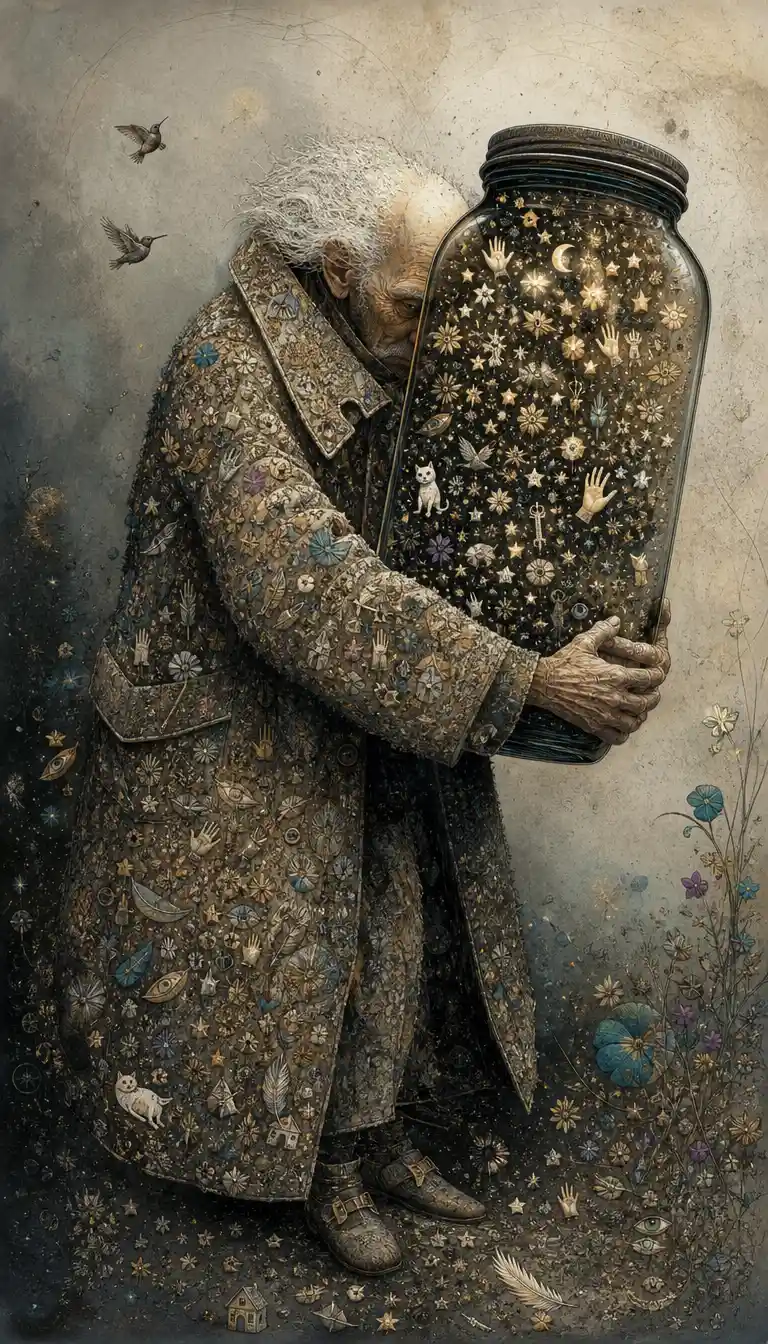 Elderly figure carrying a vast glass jar of tiny symbols